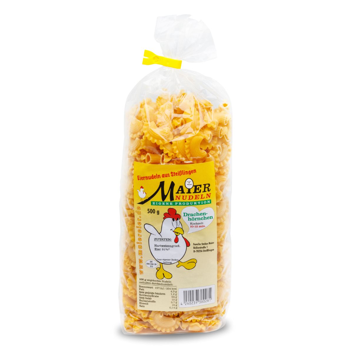 500-g-Packung Eiernudeln aus eigener Produktion in Drachenhörnchen-Form der Marke Maier Nudeln.