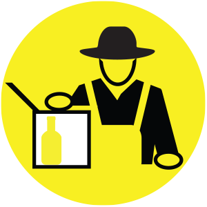 Gelbes Icon mit einer Figur mit Hut, das in einen Karton eine Flasche legt. Symbolisiert die Manufaktur.