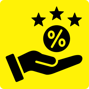 Eine Schwarze Hand-Silhouette hält einen Kreis mit einem Prozentzeichen, über dem drei schwarze Sterne angeordnet sind, auf einem leuchtend gelben Hintergrund