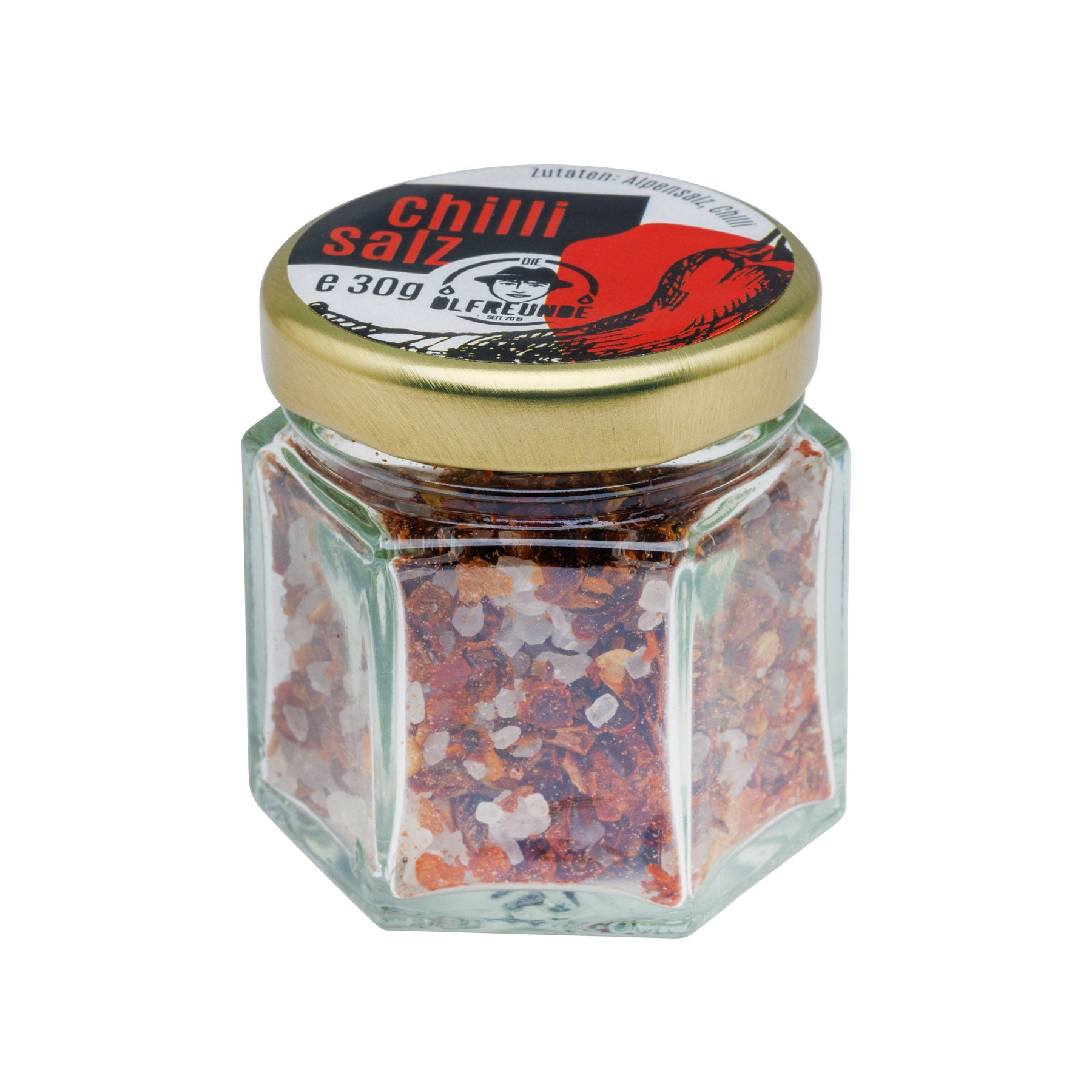 30g Chilisalz im Glas mit rotem Etikett der Marke Die Ölfeunde.