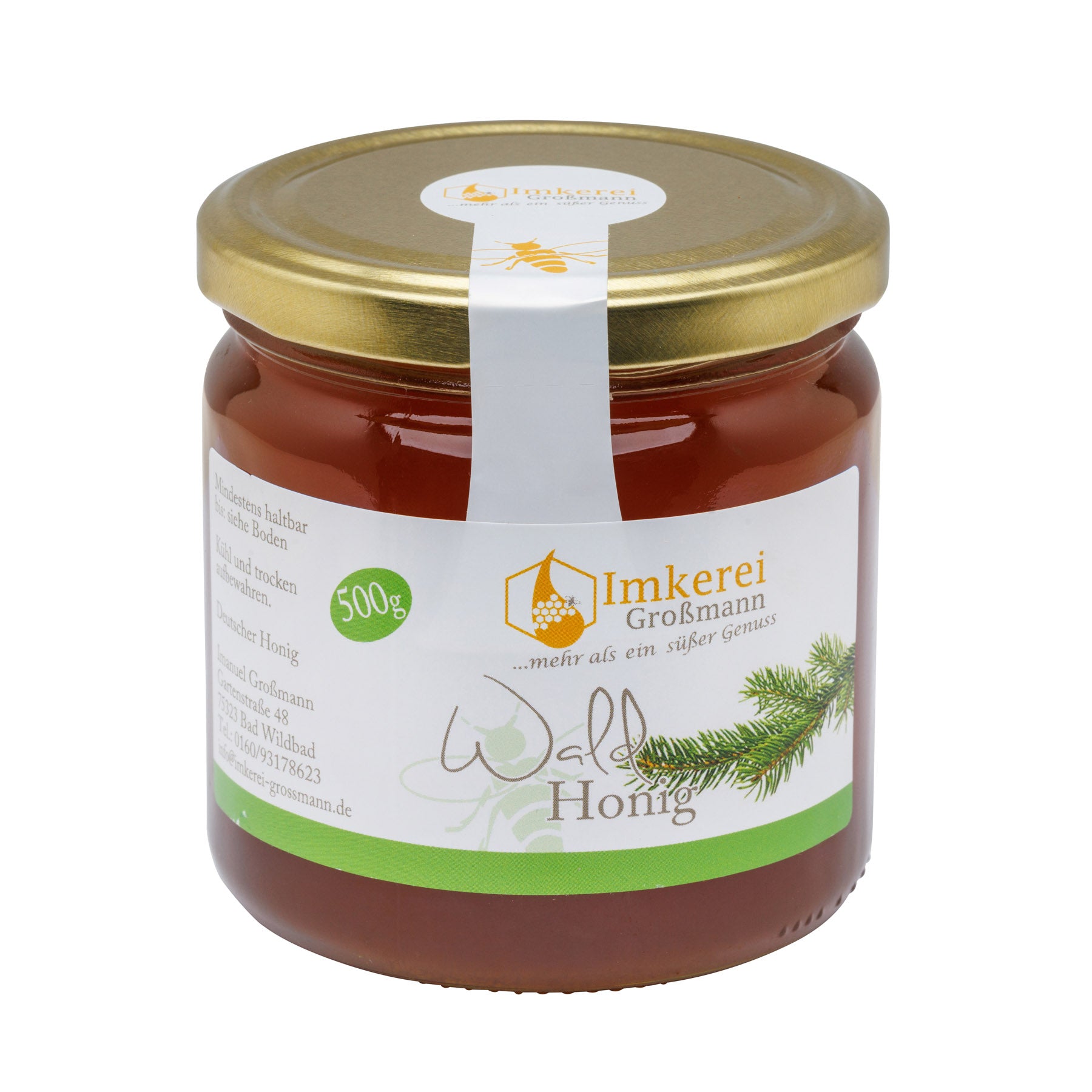 500g Waldhonig der Imkerei Großmann im Glas mit weiß-grünem Etikett.