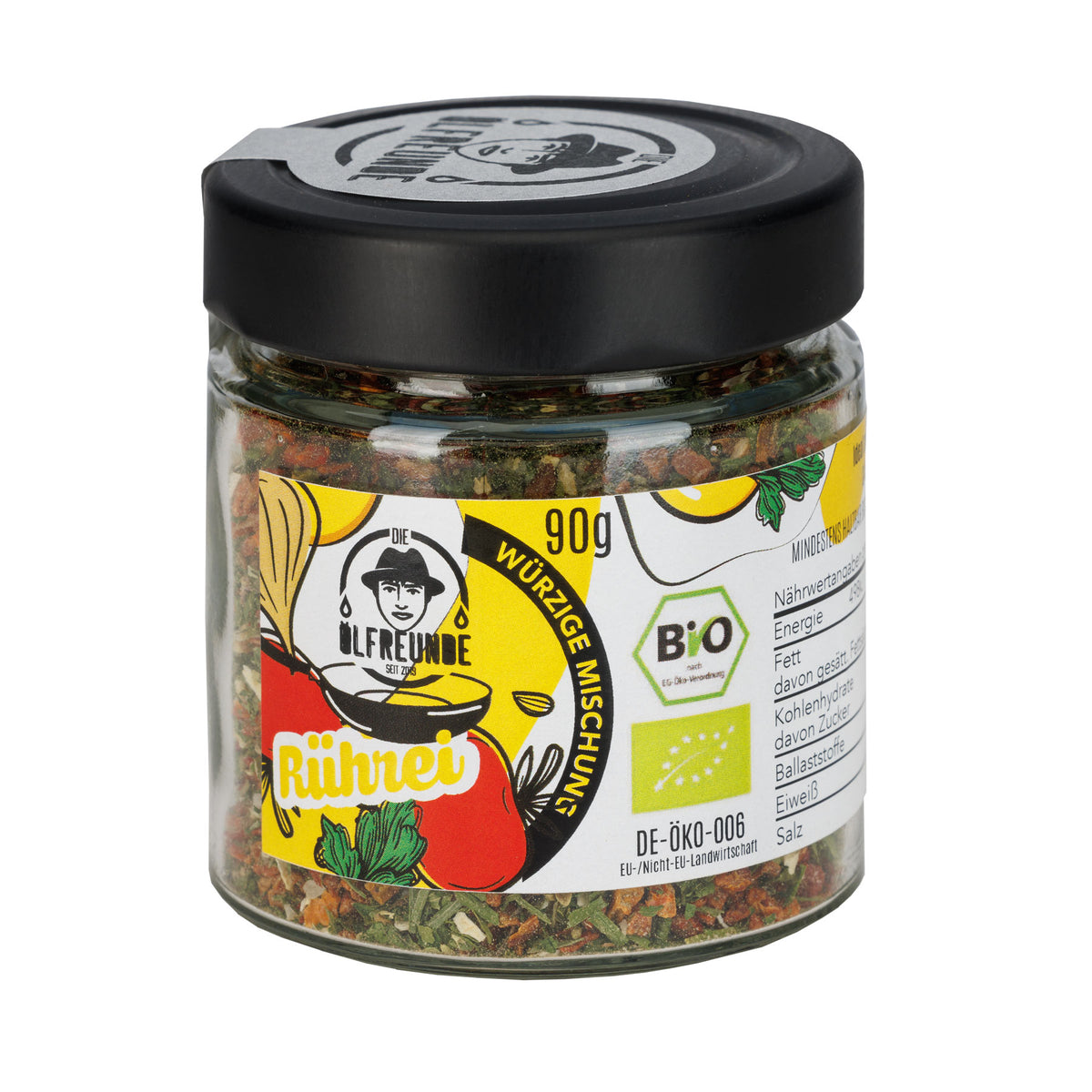 90g Bio-Rührei-Gewürzmischung der Marke Die Ölfreunde, im Glas mit gelbem Etikett.