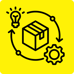 Gelber Hintergrund mit einem kreisförmigen Ablaufdiagramm aus schwarzen Symbolen: Eine Glühbirne und ein Zahnrad sind durch Pfeile miteinander verbunden. In der Mitte befindet sich eine Box.