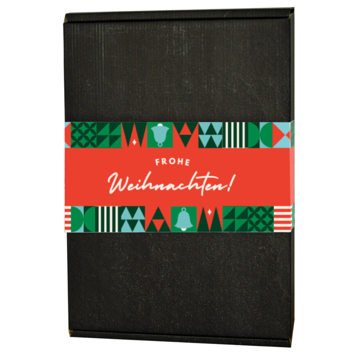 Schwarze Schachtel mit rot-grünem Band – geometrische Muster und Glockensymbole, in der Mitte der Schriftzug ‚Frohe Weihnachten!‘ in Weiß.