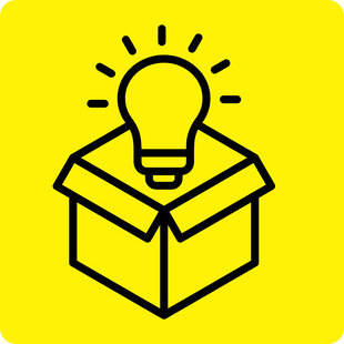 Schwarzer Umriss einer Glühbirne, die aus einer offenen Box kommt, auf leuchtend gelbem Hintergrund.