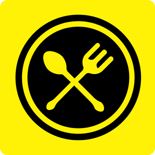 Ein schwarzer Kreis mit einem Gelben Löffel und einer gelben Gabel in der Mitte, vor einem Gelben Hintergrund.