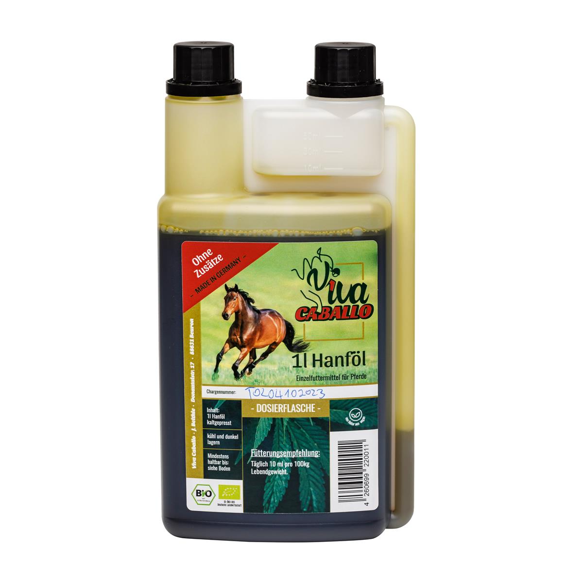 1-Liter-Flasche Bio-Hanföl für Pferde von Marke Viva Cabello, mit grünem Etikett.