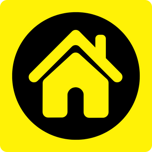 Ein schwarzer Kreis mit einem gelben Haus in der Mitte, vor einem Gelben Hintergrund