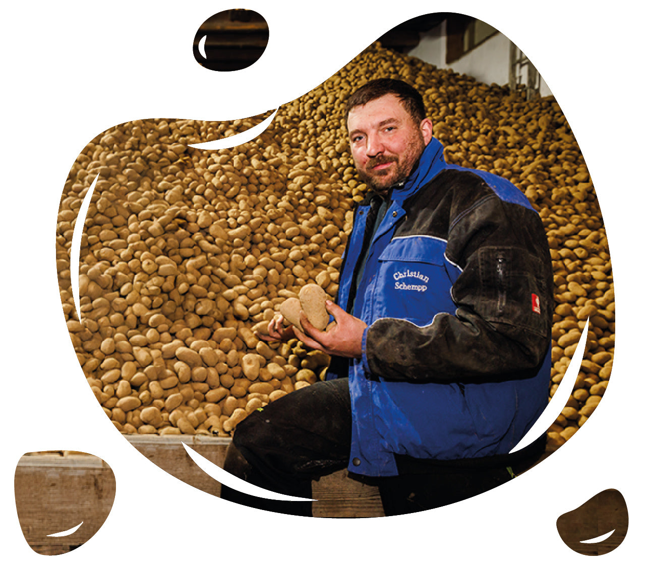 Mann mit blauer Jacke sitzt vor einem Berg an Kartoffeln und hält eine herzförmige Kartoffel in den Händen