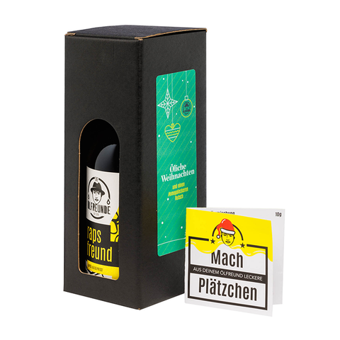 Weihnachtsbox Plätzchenzauber von Die Ölfreunde mit Rapsfreund und Plätzchen-Rezept