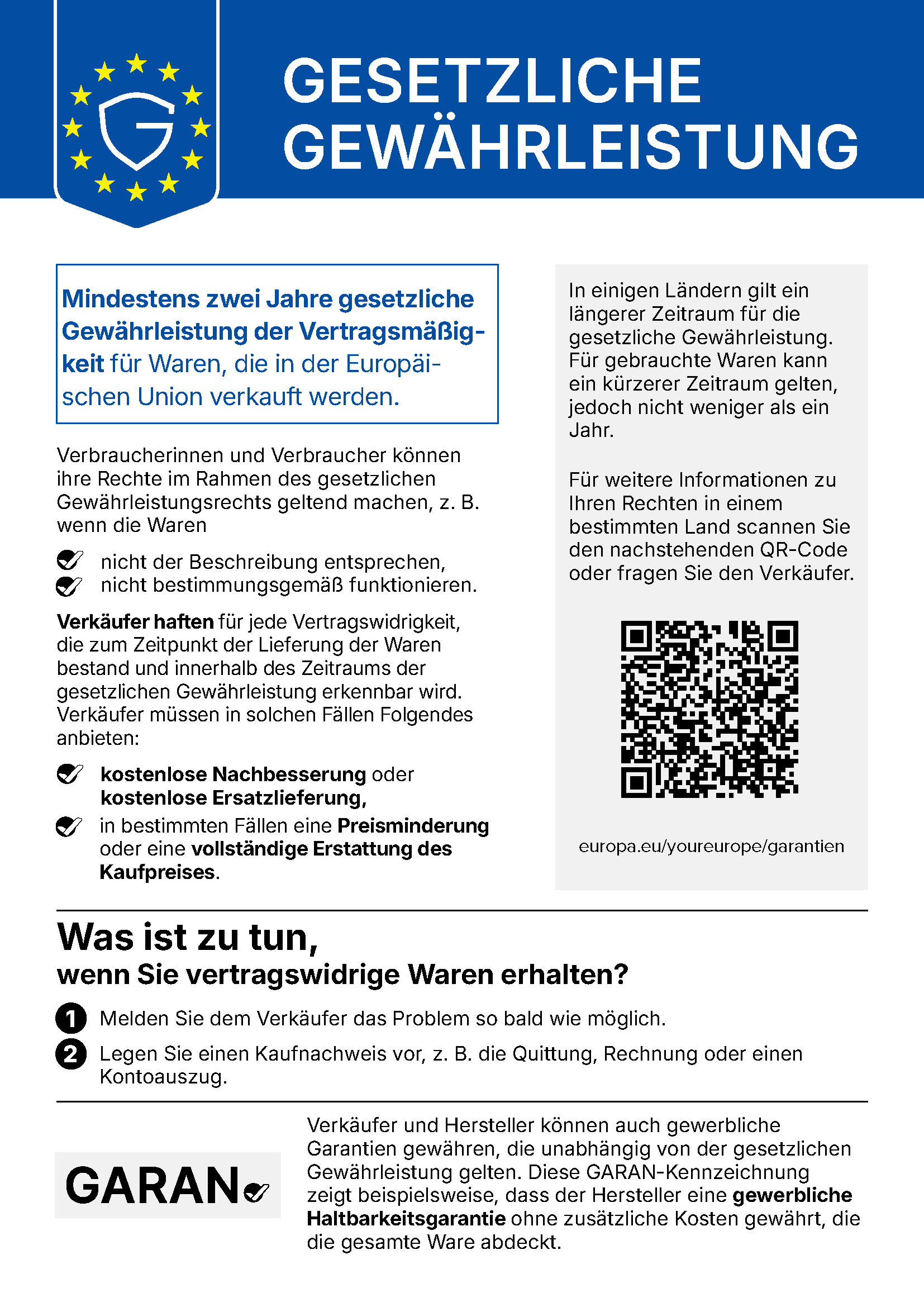 EU-Hinweis: Gesetzliche Gewährleistung – mindestens zwei Jahre gesetzliche Gewährleistung für Waren, die in der Europäischen Union verkauft werden