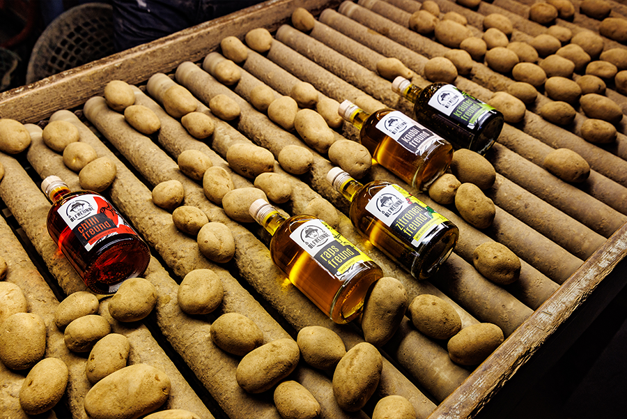 5 Ölflaschen mit bunten Etiketten und einige Kartoffeln rollen über ein Kartoffel Förderband